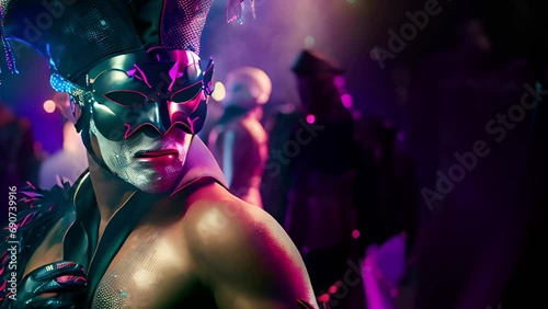 Carnival scene features brazilian man in colorful mask . Generative Ai	 photo