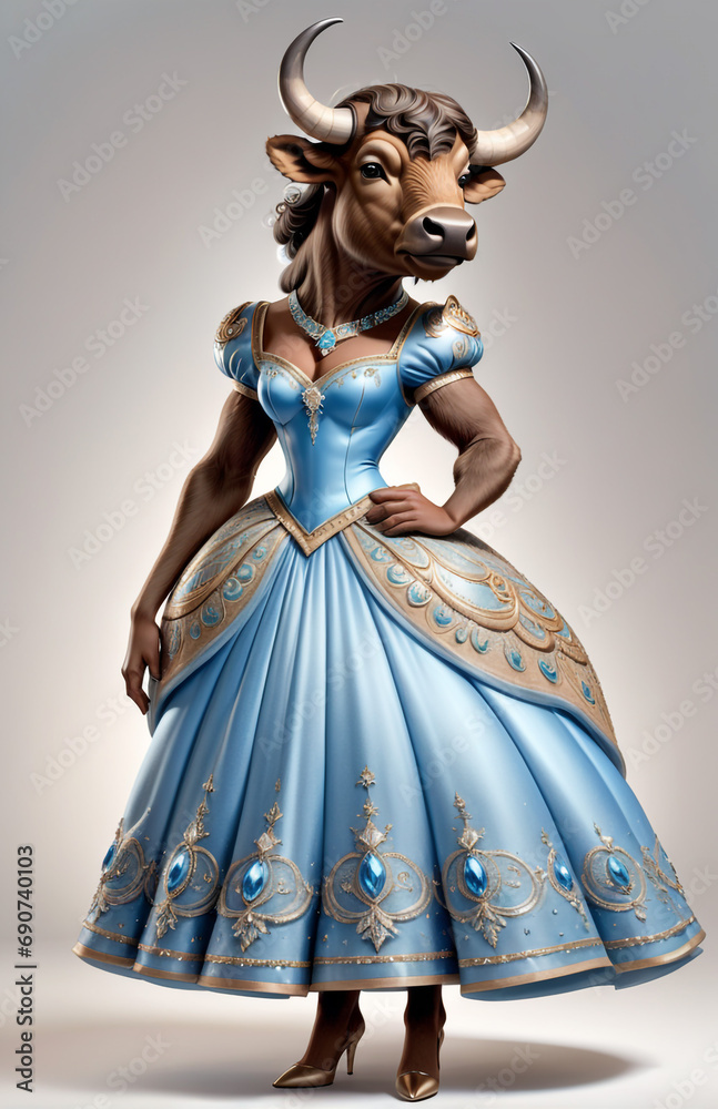 Anthropomorphic caricature buffalo Wearing a cinderella-dress clothing, standing, full body view, isolated on white paper background