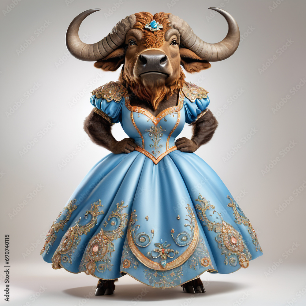Anthropomorphic caricature buffalo Wearing a cinderella-dress clothing, standing, full body view, isolated on white paper background