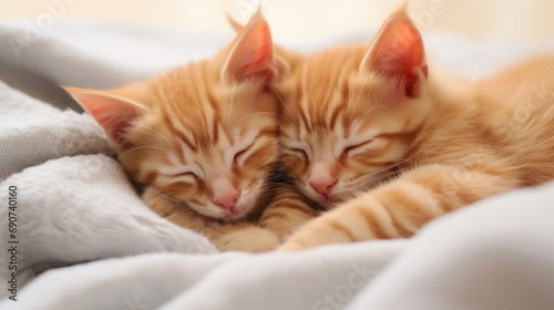 The image shows two adorable red kittens cuddled up together on a soft, textured white blanket. They are in a peaceful slumber photo