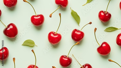 Cherry pattern. Red cherries isolated on light green background. 