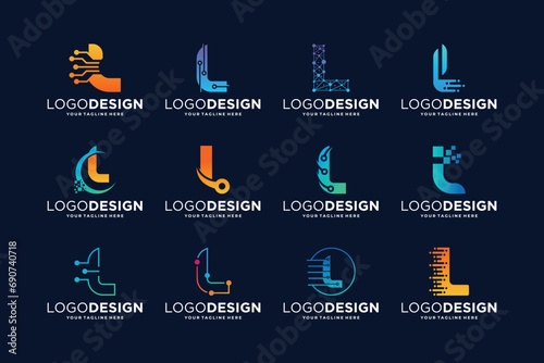 Collection of letter L logo design with digital connection concept