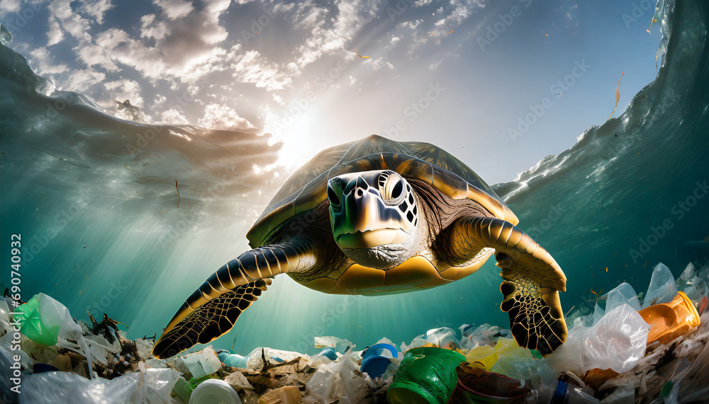 Obraz premium Green sea turtle swimming in plastic waste
