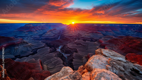 Majestic Grand Canyon Sunrise: A captivating image of the Grand Canyon at sunrise, with the first light casting a warm glow over the rugged terrain and the Colorado River below.