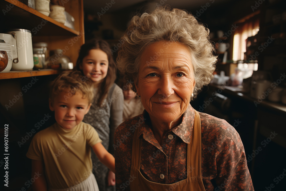 Słodkie Chwile u Babci. Babcia w centrum uwagi z uśmiechniętymi wnukami w kuchni, gdzie każde zdjęcie to kawałek słodkiego wspomnienia. - obrazy, fototapety, plakaty 