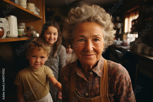 Słodkie Chwile u Babci. Babcia w centrum uwagi z uśmiechniętymi wnukami w kuchni, gdzie każde zdjęcie to kawałek słodkiego wspomnienia.
