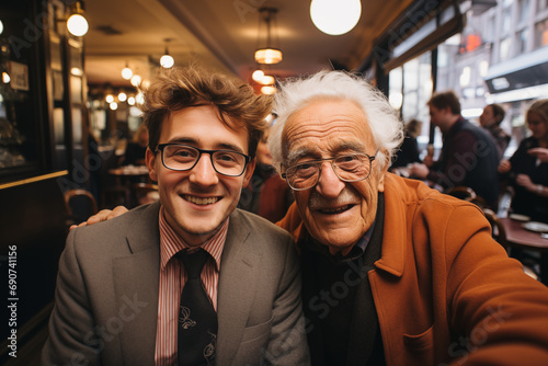 Wspólne Chwile. Dziadek i dorosły wnuk uwieczniają szczęśliwe chwile w restauracji, zgłębiając rodzinne więzi i ciesząc się podczas wspólnego selfie. photo