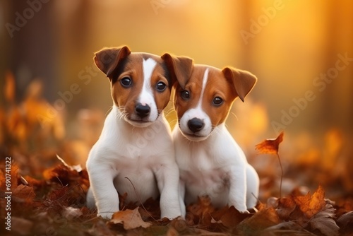Two cute fluffy dogs sit together in a sunny fall garden © Ivanna