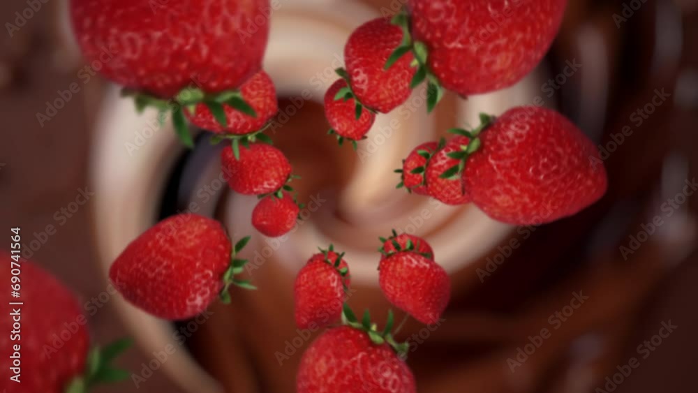 Strawberries spiraling and falling in the liquid milk chocolate swirl slow motion Strawberries spiraling and falling in the liquid milk chocolate swirl slow motion