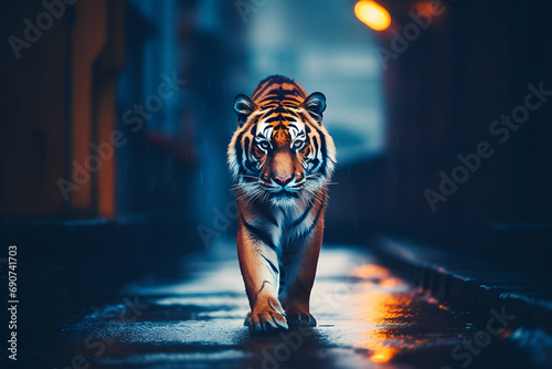 Urban Tiger Apocalypse. A tiger walking through urban ruins in a post-apocalypse like setting. Neural network AI generated art photo