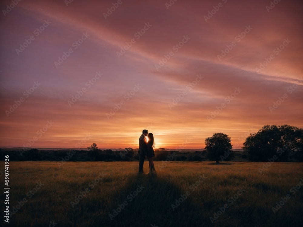 Silhouettes of young romantic couple sunset sea digital ai