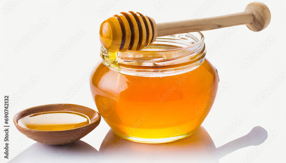 Honey dipper and honey in pot on white background Honey dipper and honey in pot on white background