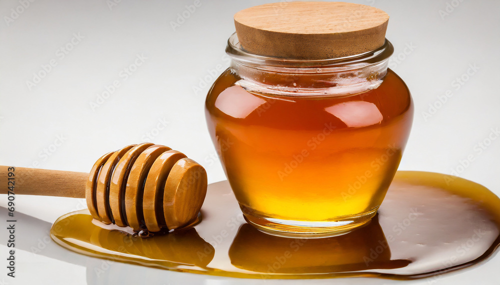 Honey dipper and honey in pot on white background Honey dipper and honey in pot on white background