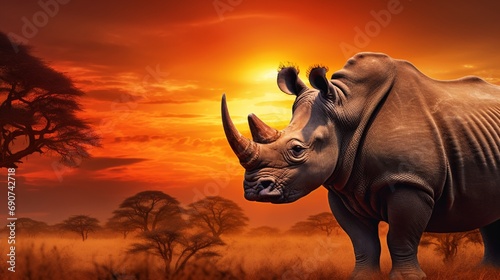 rhino at sunset on mountains