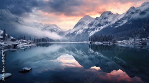 Silvery winter reflections in the alpine lake at dawn with magical misty atmosphere.
