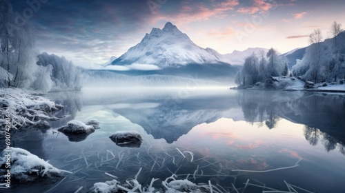 Silvery winter reflections in the alpine lake at dawn with magical misty atmosphere.