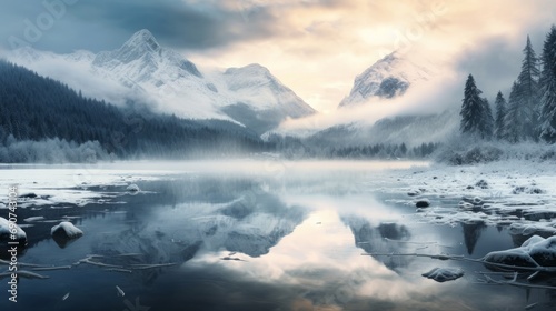 Silvery winter reflections in the alpine lake at dawn with magical misty atmosphere.