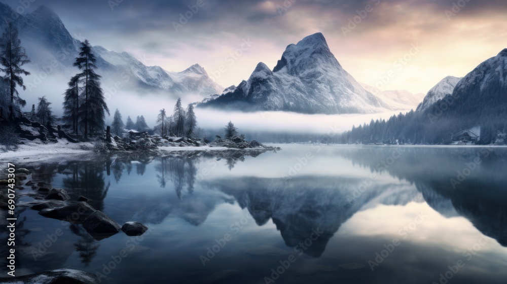 Silvery winter reflections in the alpine lake at dawn with magical misty atmosphere.