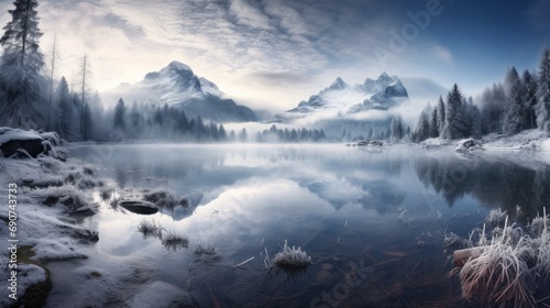 Silvery winter reflections in the alpine lake at dawn with magical misty atmosphere. © Emil