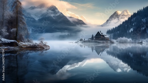 Silvery winter reflections in the alpine lake at dawn with magical misty atmosphere.