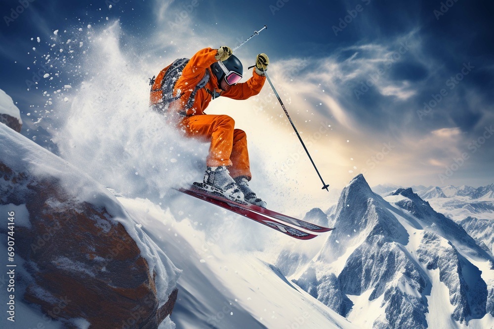 Skier jumping in the snow mountains on the slope with his ski and professional equipment