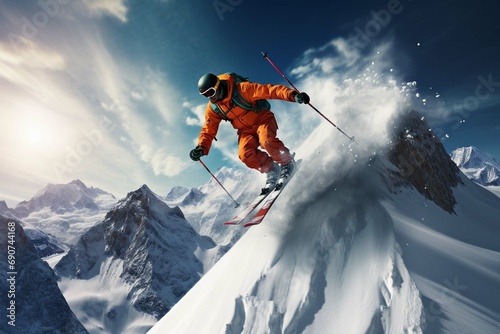 Skier jumping in the snow mountains on the slope with his ski and professional equipment