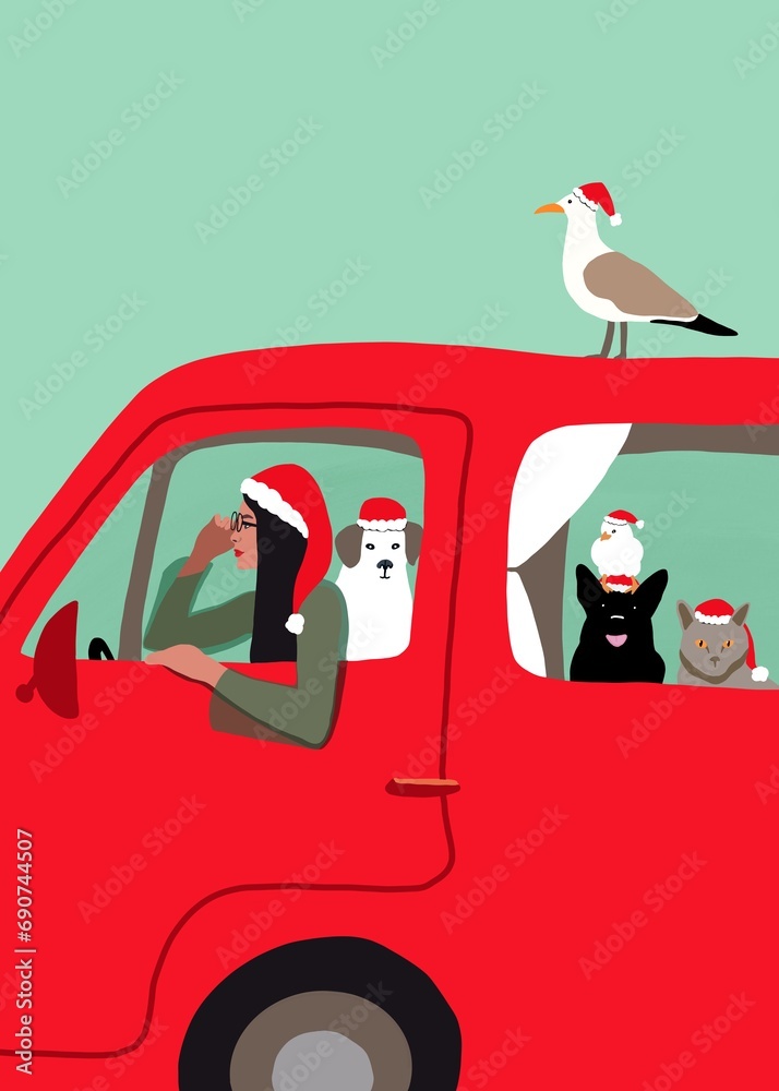 Christmas vanlife - pet mom in Camper van with dogs, cat and birds