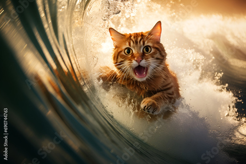 cat surfing on a wave , on ocean sea on summer vacation holidays, wave. Wind, pleasure . copy space photo