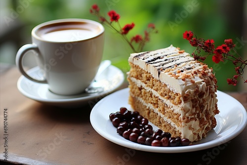 Delicious cake slice and a freshly brewed cup of coffee - perfect indulgence for dessert lovers photo