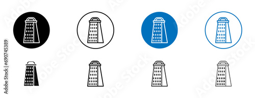 Cheese grater vector icon set. Kitchen slicer shredder vector icon in black and blue color. photo