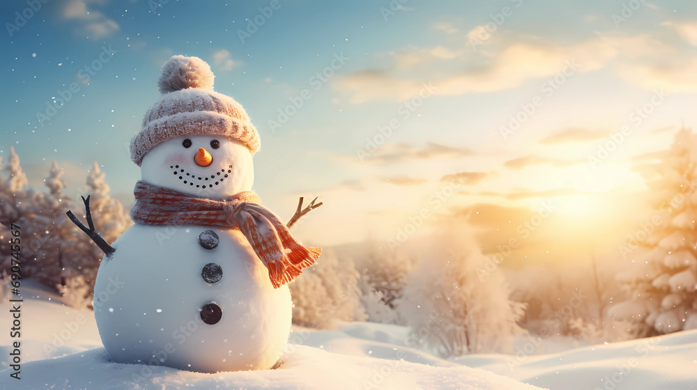 Obraz premium Christmas Wallpaper - Snowman in Snow on a Snowy Day | Christmas Lights and Decorations | Beautiful Background