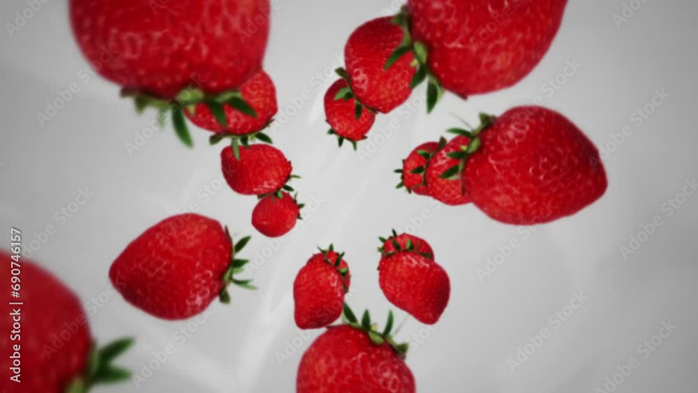 Strawberries spiraling and falling down into milk slow motion Strawberries spiraling and falling down into milk slow motion