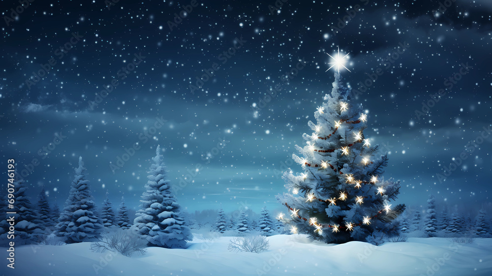 Christmas Wallpaper - Christmas Trees in Snow on a Snowy Night | Christmas Lights and Decorations | Beautiful Background