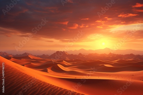 A vast desert scene at sunset, with vibrant orange and red hues painting the sky and sand dunes stretching into the horizon, captured in a realistic neo-realism landscape in high resolution