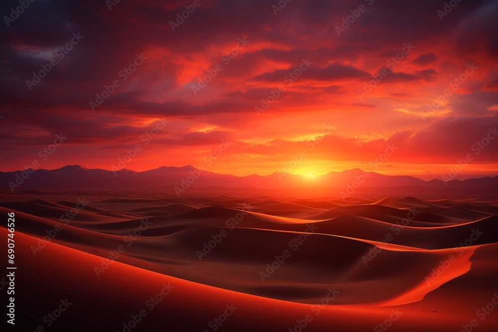 A vast desert scene at sunset, with vibrant orange and red hues painting the sky and sand dunes stretching into the horizon, captured in a realistic neo-realism landscape in high resolution