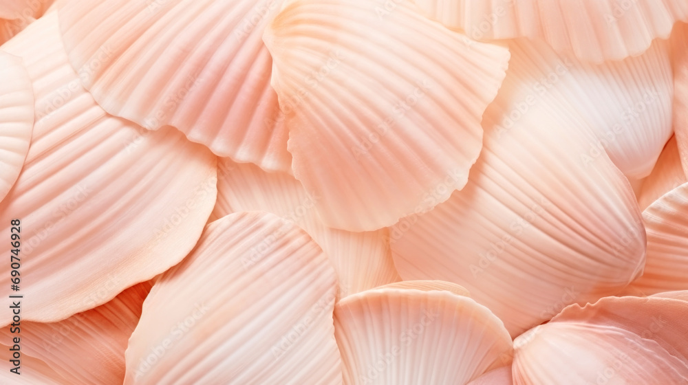 A close up of a bunch of white shells. Monochrome peach fuzz background. A close up of a bunch of white shells. Monochrome peach fuzz background.