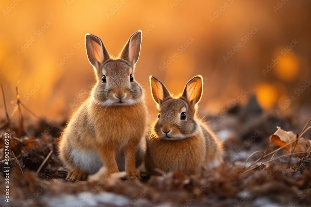 Two cute fluffy rabbits sit together in a sunny fall garden Two cute fluffy rabbits sit together in a sunny fall garden