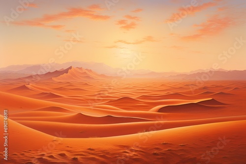 A vast desert scene at sunset, with vibrant orange and red hues painting the sky and sand dunes stretching into the horizon, Neo-realism landscape, high resolution,