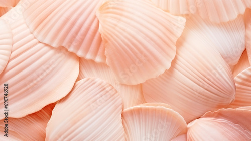 A close up of a bunch of white shells. Monochrome peach fuzz background.
