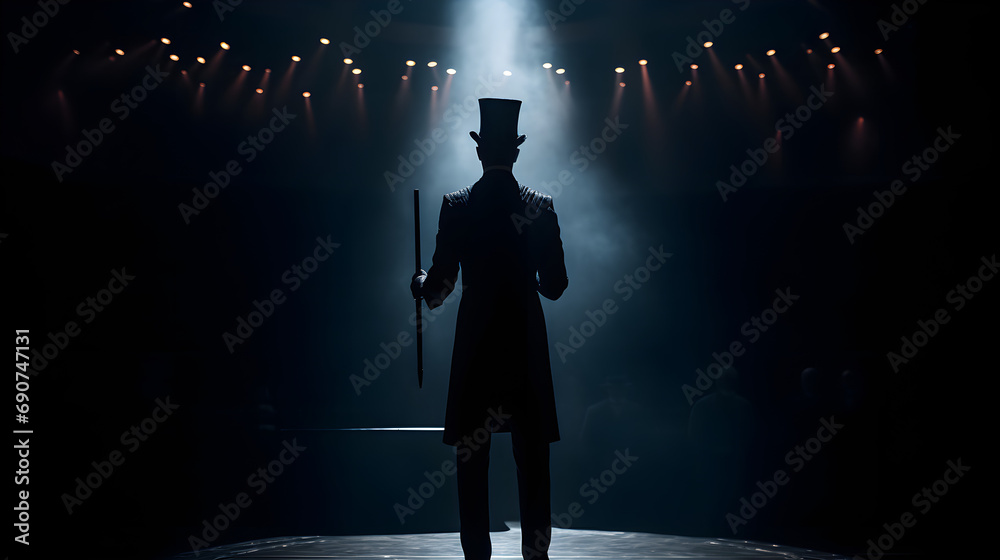 Siluette of back view of male illusionist - obrazy, fototapety, plakaty 
