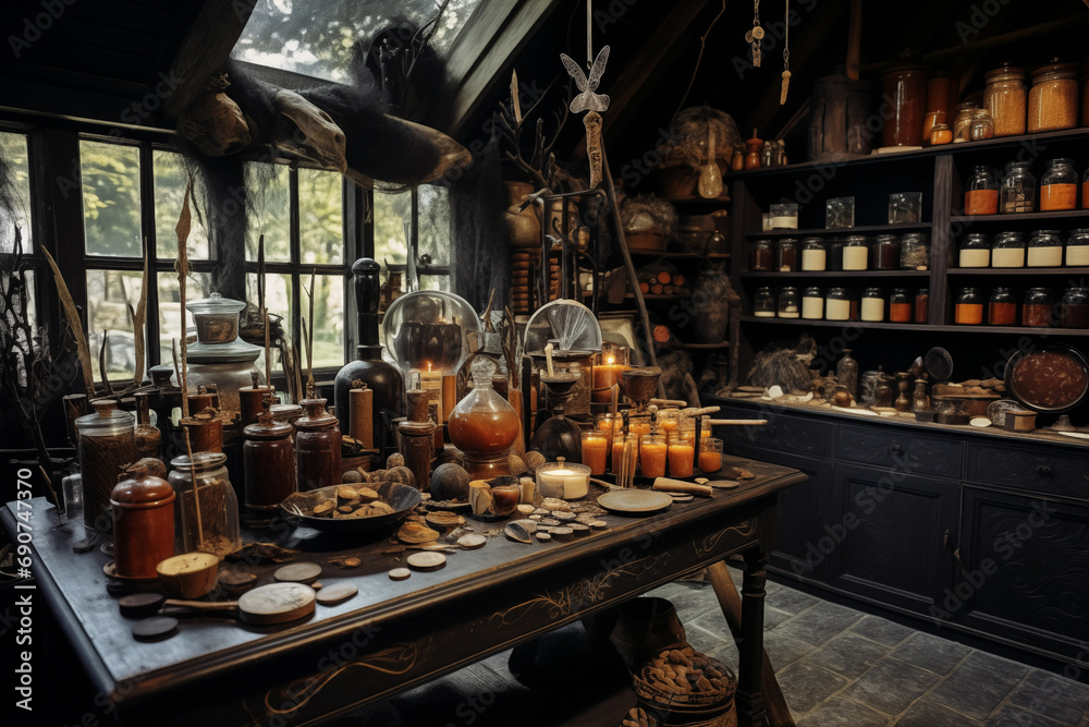 Atmospheric creepy medieval witch kitchen spooky interior. Generative AI
