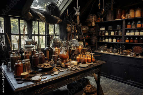 Atmospheric creepy medieval witch kitchen spooky interior. Generative AI © Nomad_Soul
