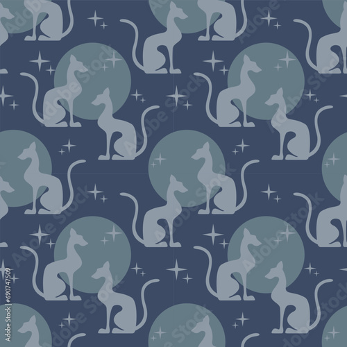 Two egyptian cats shape silhouette sitting on sun background. Soft colors. Vector illustration. Seamless pattern.