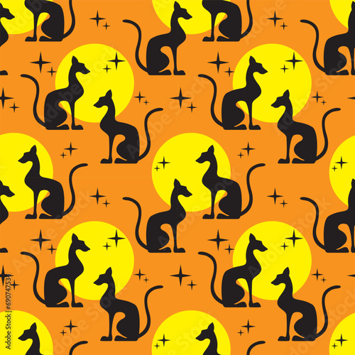 Two black egyptian cats shape silhouette sitting. Colorful sun background. Vector illustration. Seamless pattern.