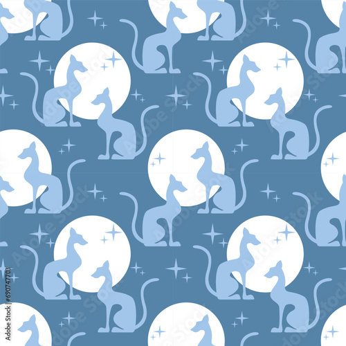 Two egyptian cats shape silhouette sitting on sun background. Soft colors. Vector illustration. Seamless pattern.