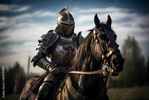 Medieval fantasy knight in armor and helmet riding horse. Generative AI © Nomad_Soul