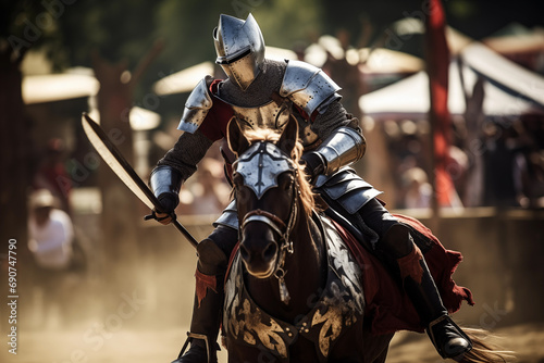 Medieval armored knight riding horse galloping for attack. Generative AI