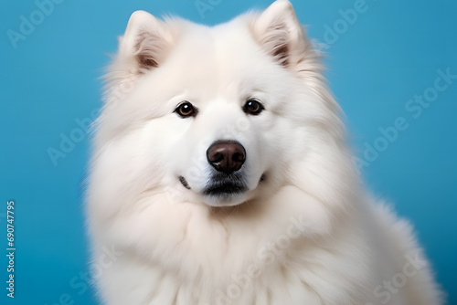 Cute Samoyed dog on blue color background. Neural network AI generated art © mehaniq41