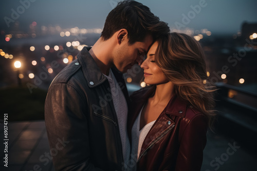 A romantic couple close together at dusk with city lights blurred in the background, evoking urban love.