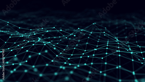 Abstract network connection wavy style. Cyber technology plane backdrop. Digital concept background or wallpaper. Big data visualization. 3D rendering.